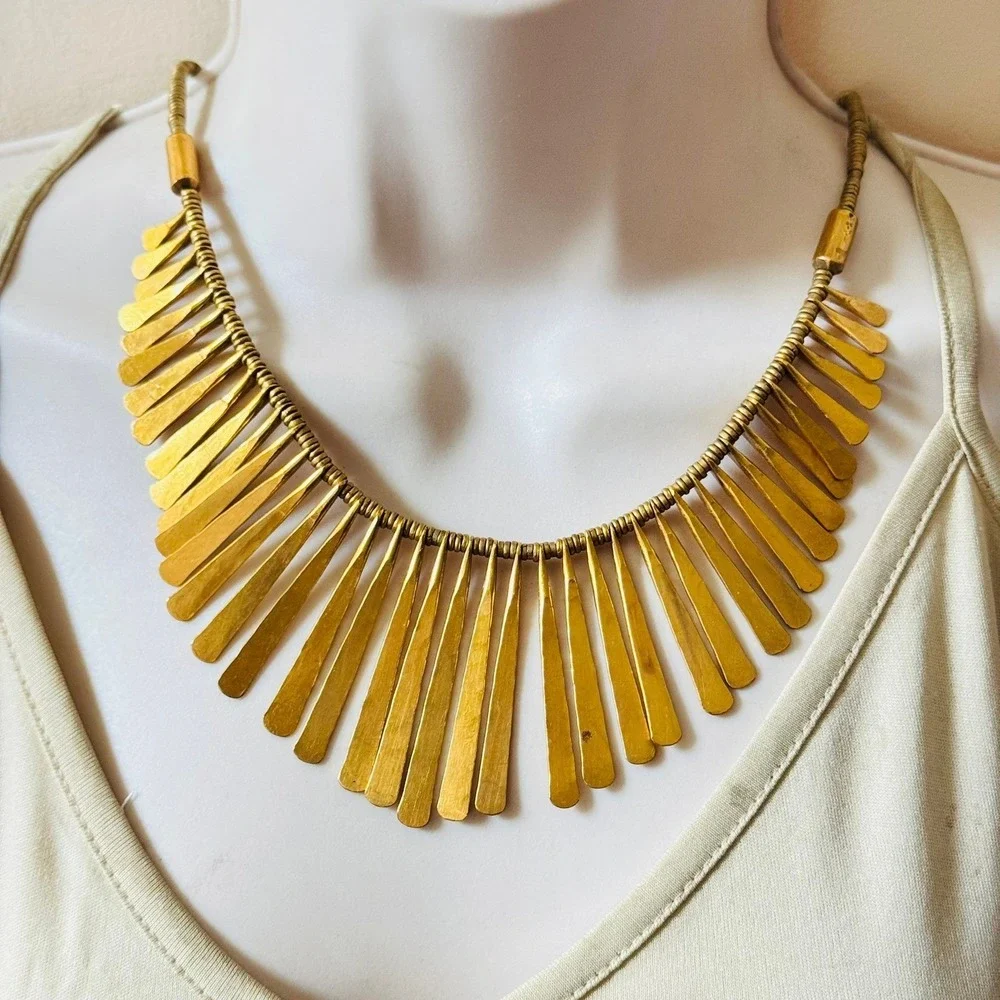 VTG‎ Regal Collar Textured necklace Egyptian Style Runway Statement Brass chunky